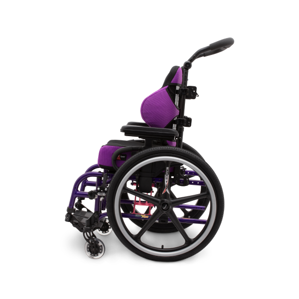 Side profile of wheelchair facing the left with purple Spex Seating.