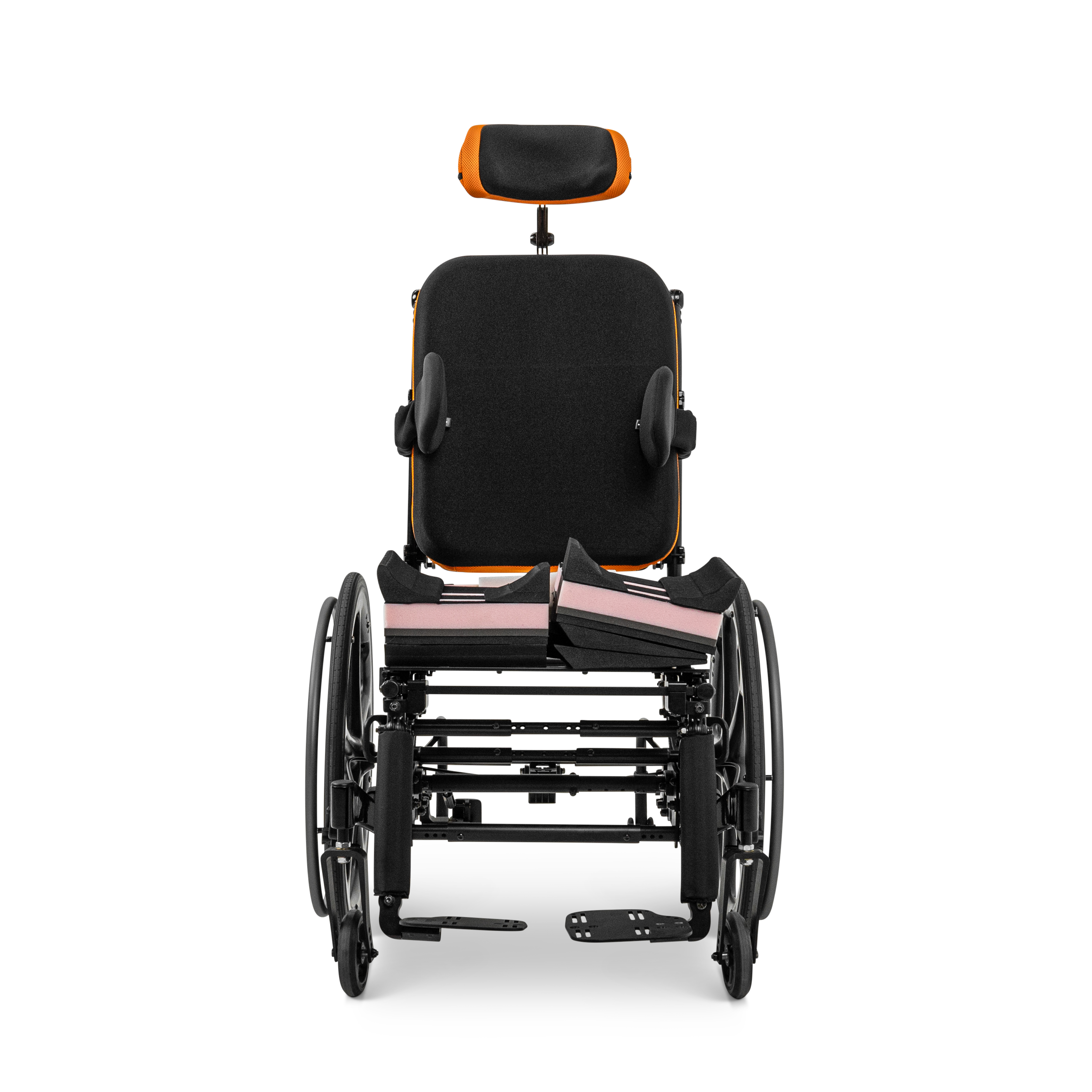 Front view of Constructa Flex seat cushion configurations without cover on a manual wheelchair on a white background.