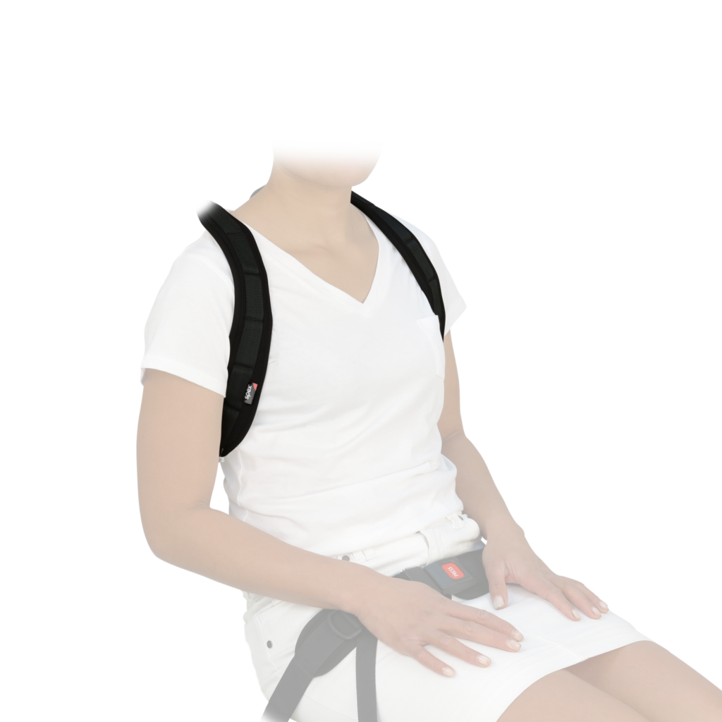 Client wearing Spex Vest Harness with retractor, demonstrating secure upper body support and safety during mobility.