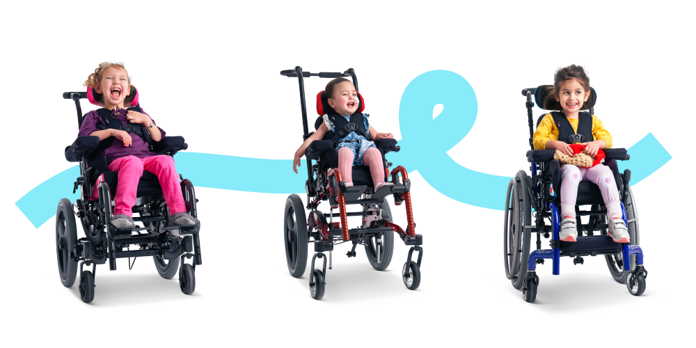 Wonderseat banner. 3 children in Wonderseat wheelchairs.