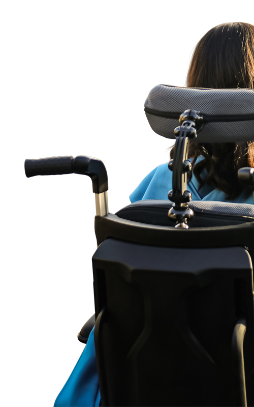 Head support demonstrated by a person in the wheelchair