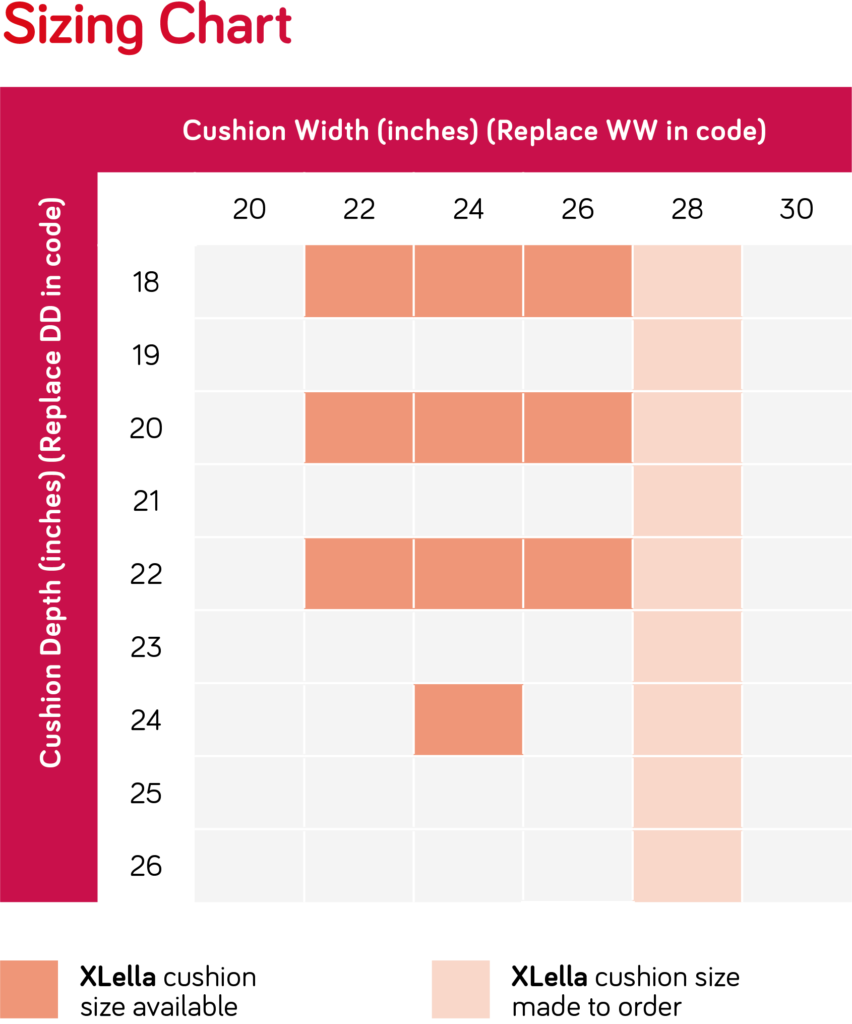 Spex XLella Bariatric Cushion sizing chart displaying custom and shelf sizes.