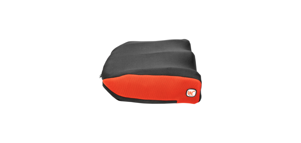 Side on view of Wonderseat SuperHigh Contour Cushion with Spex Red Chilli Covers.