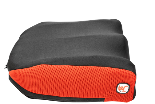 Side on view of Wonderseat SuperHigh Contour Cushion with Spex Red Chilli Covers.