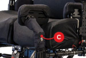 Spex lateral shown attached to the end of a wheelchair cushion for extra knee support