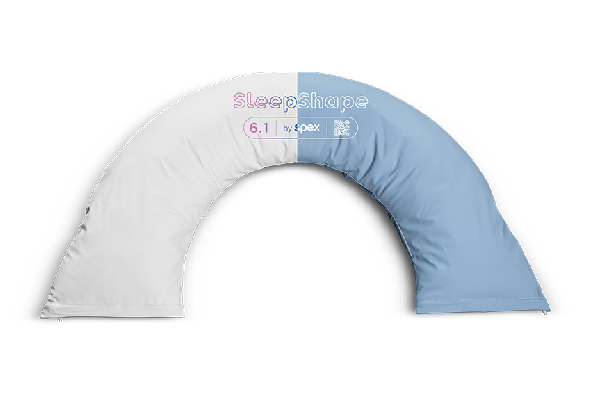 SleepShape Half Moon cushion with half blue wipeable cover, and half white comfy cover.