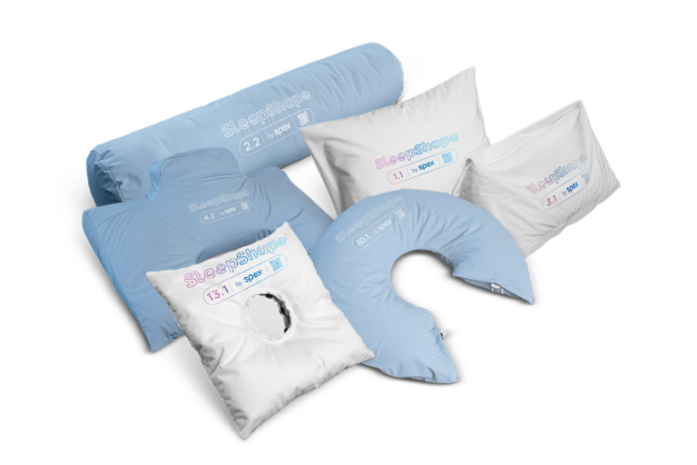 Group of SleepShape Positioning cushions, including the Cylindrical (wipeable cover), the universal (comfy cover), Triangular (comfy cover), Ear protection (comfy cover, half ring (wipeable cover), Semi-Fowler (wipeable)