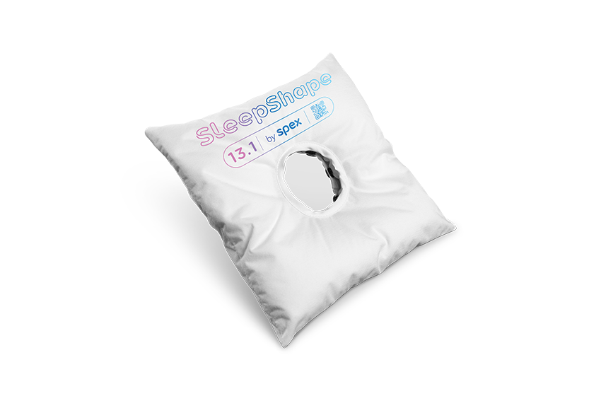 SleepShape Cushion 13.1 (Ear Protection) shown with white comfy cover. Tilted to the left.