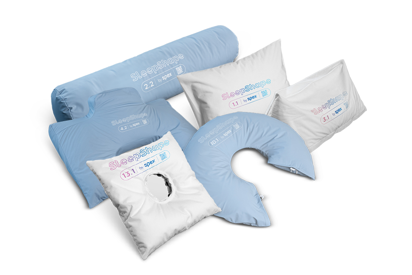 Group of SleepShape Positioning cushions, including the Cylindrical (wipeable cover), the universal (comfy cover), Triangular (comfy cover), Ear protection (comfy cover, half ring (wipeable cover), Semi-Fowler (wipeable)