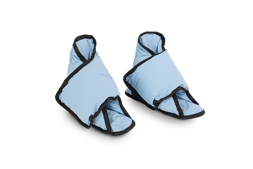 Teo SleepShape Foot Support Booties shown with blue wipeable cover.
