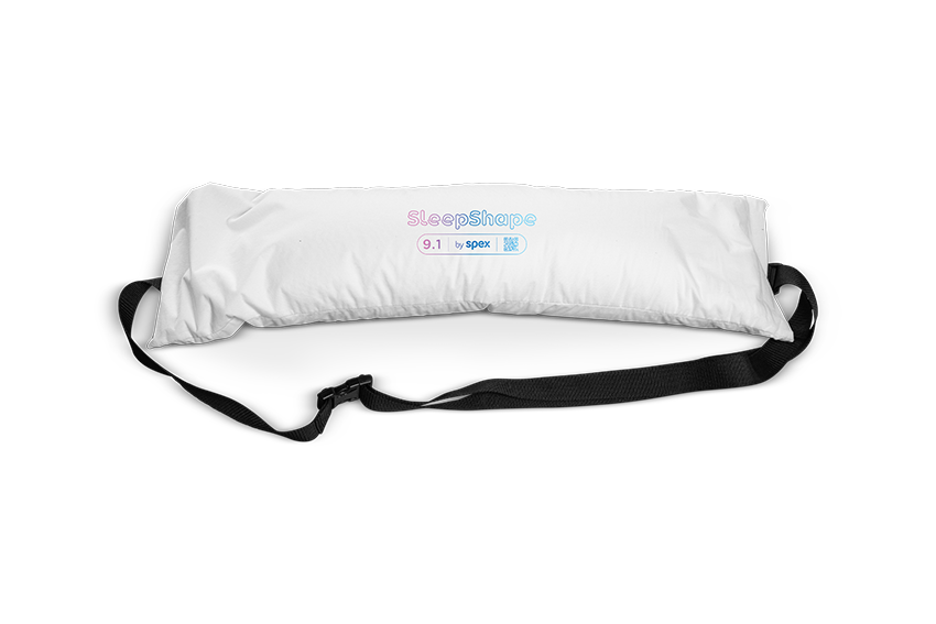 SleepShape Cushion 9.1 (calf support) shown with white comfy cover and black attachment straps.