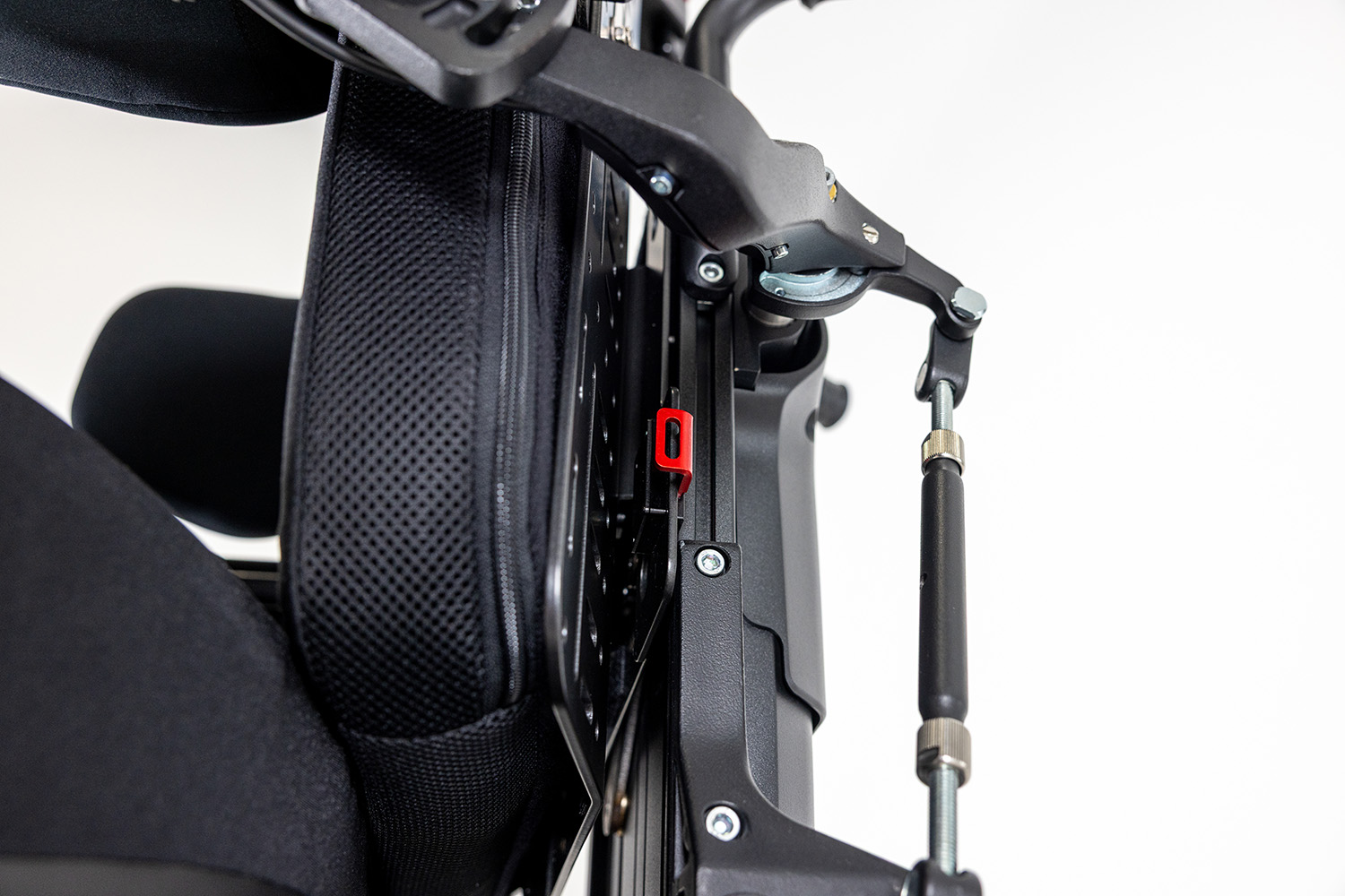 Spex back support mount for permobil chars. Close shot of vertical height adjustment